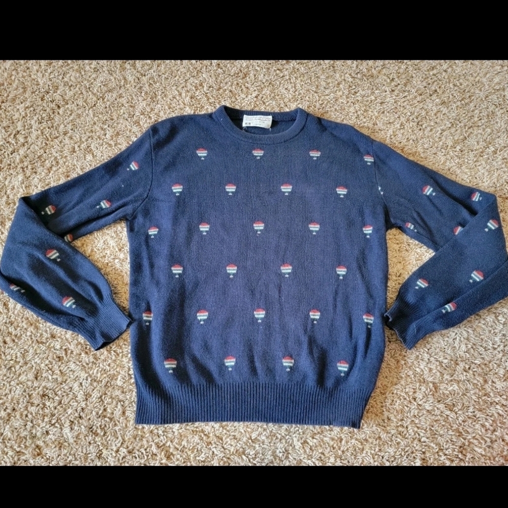 Vintage Lord Jeff Mens Hot Air Balloon Blue Knit Sweater! 100% Cotton! Medium